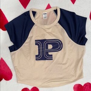 PINK Victoria's Secret Beige Mesh Top with Navy Accents